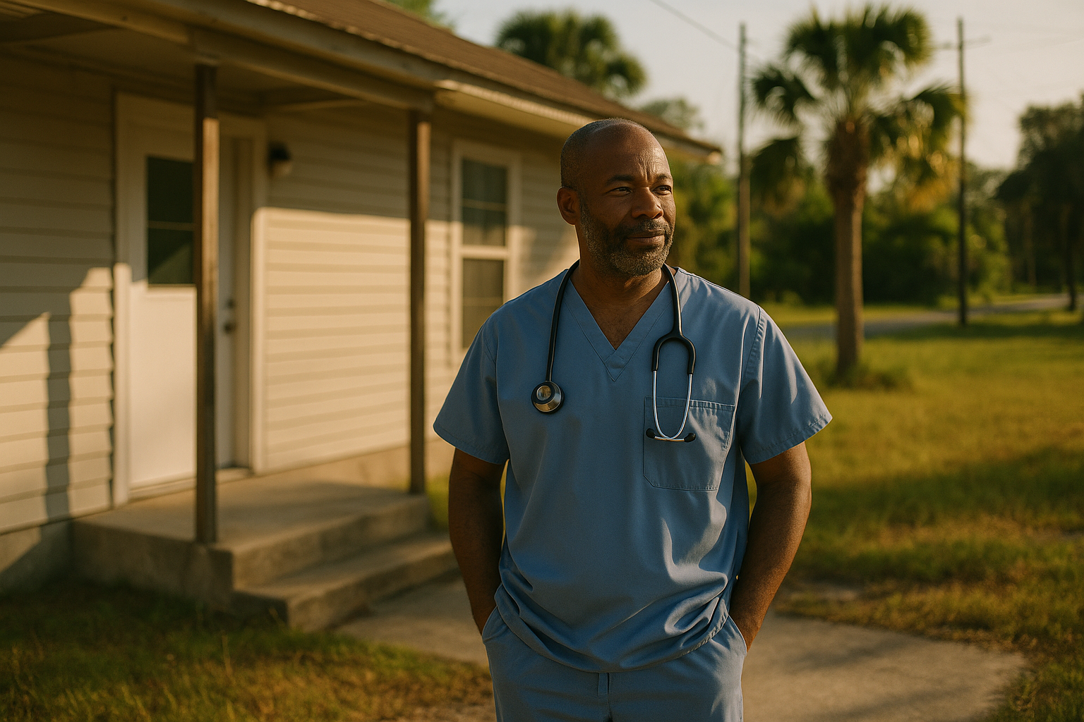 A physician in scrubs standing outside a rural Florida clinic, smiling naturally in warm afternoon light, candid documentary style