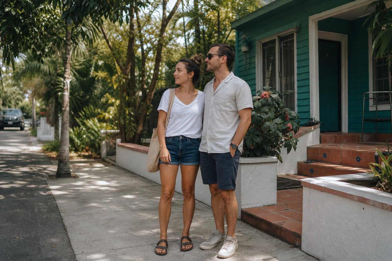 A young couple standing outside a sunny Fort Lauderdale bungalow, smiling and looking at a house, candid documentary style, natural daylight
