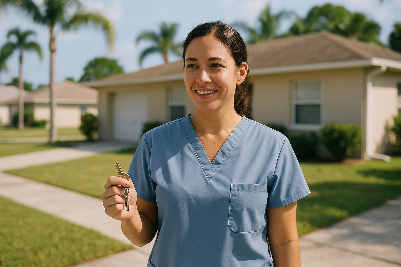 A female nurse in scrubs standing outside a modest Florida home with a set of house keys in her hand, smiling calmly, natural daylight, candid documentary style
