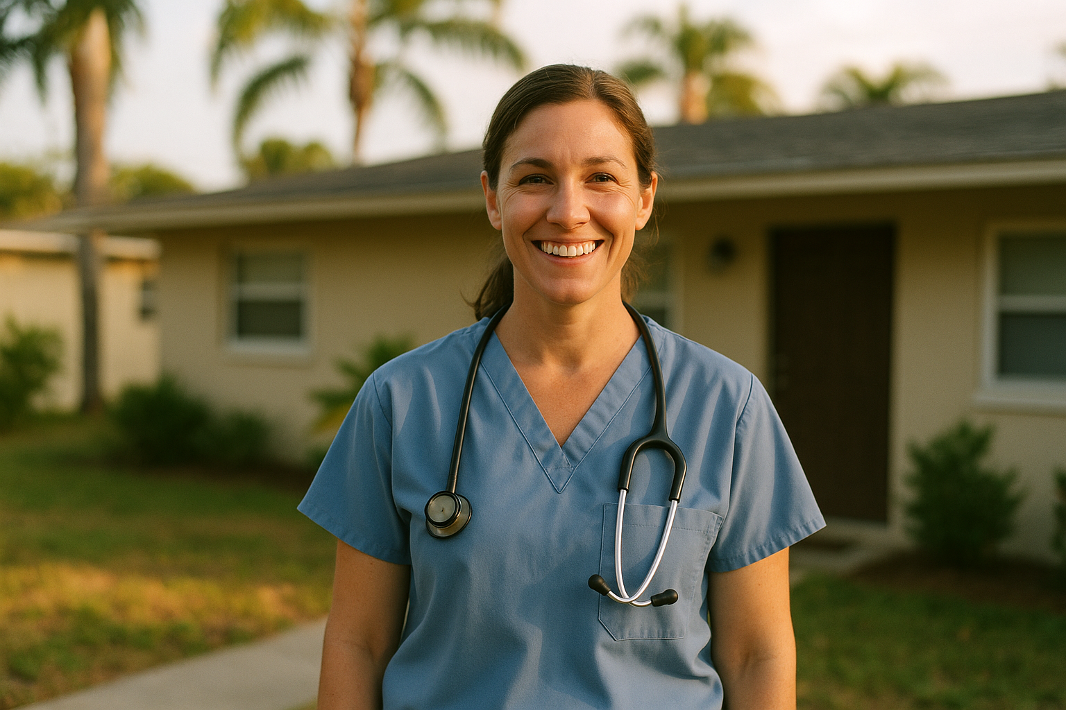 A female nurse in scrubs standing outside a modest Florida home, smiling warmly, natural afternoon light, candid documentary style