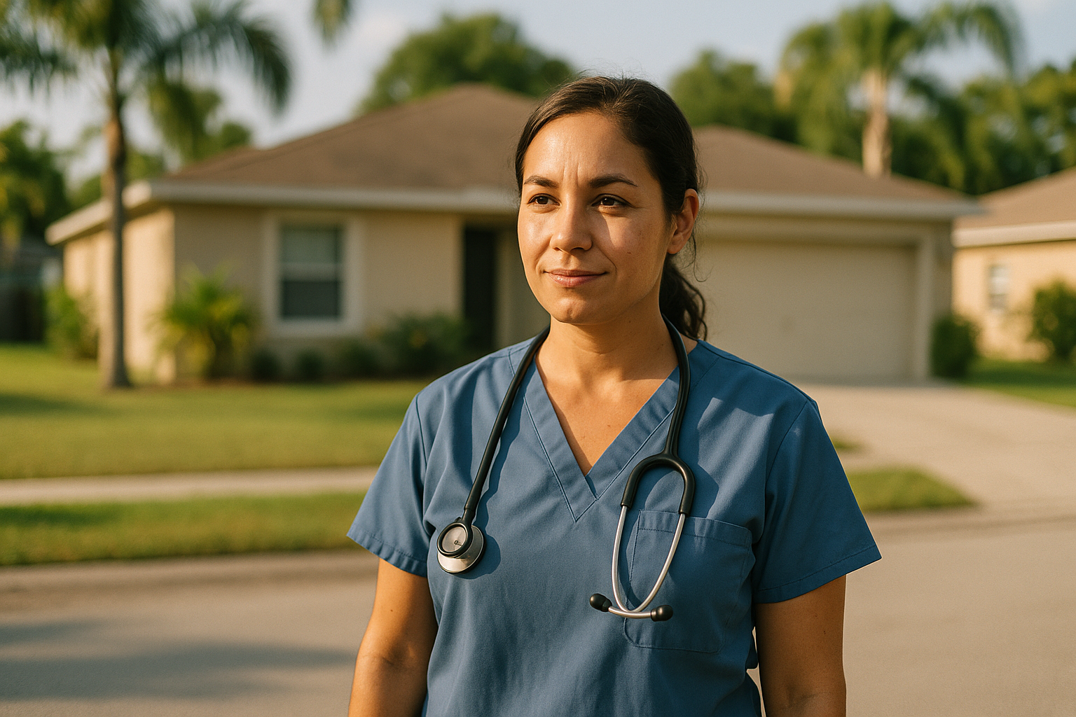 A female nurse in scrubs standing outside a brick residential building in a Florida neighborhood, smiling warmly, natural daylight