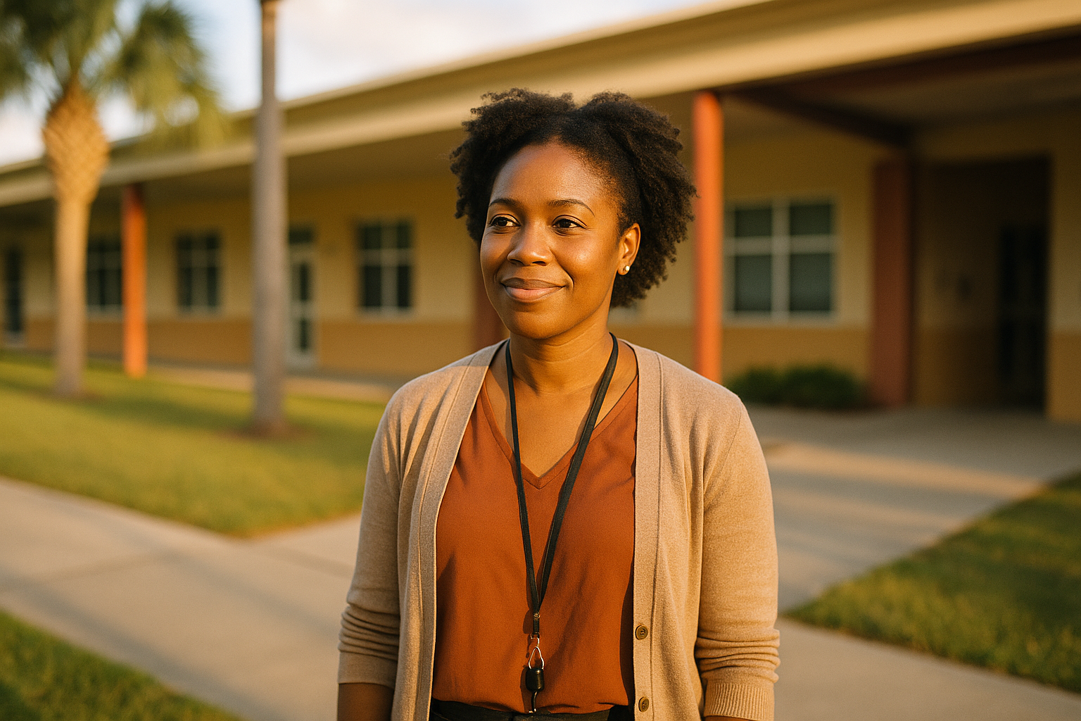 A mid-thirties Black female teacher in casual professional attire standing outside a sunny Florida school building, candid documentary style, natural morning light