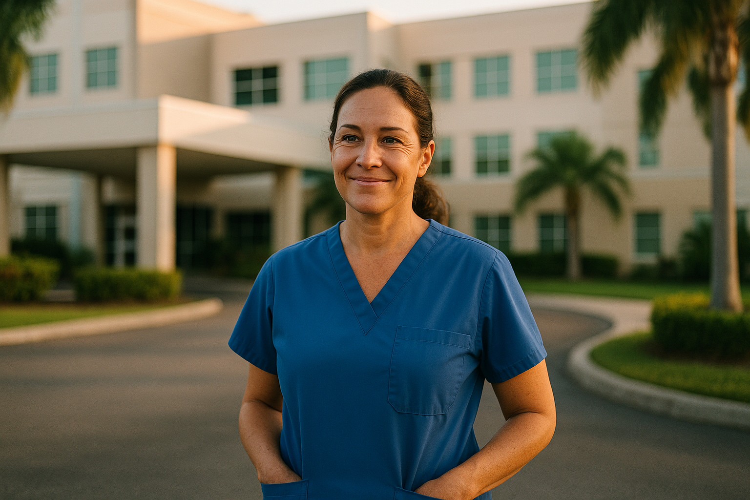 A nurse in scrubs standing outside a hospital in natural morning light, looking thoughtfully into the distance, candid documentary style