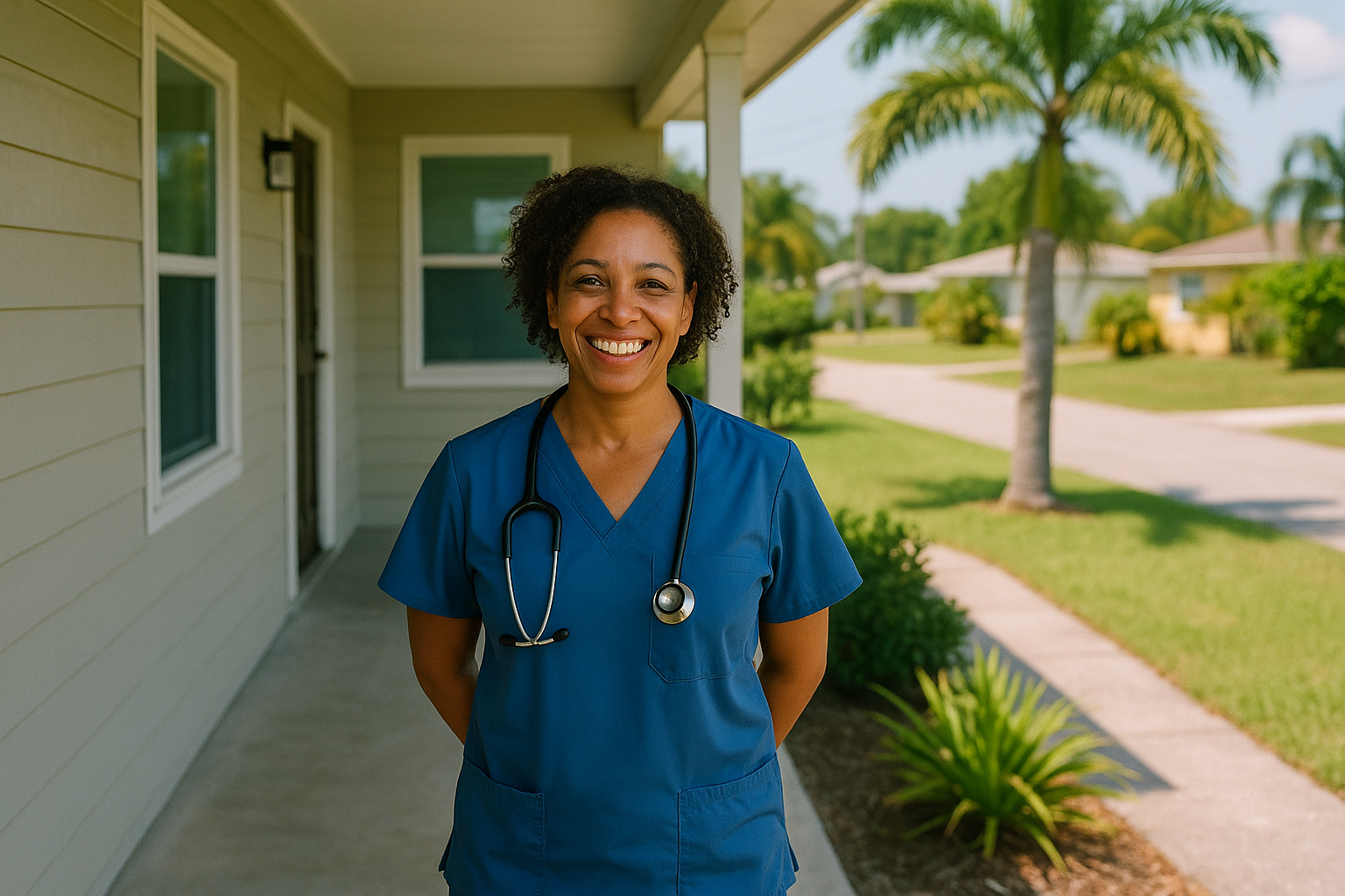 A smiling female nurse in scrubs standing outside a modest Florida home on a sunny day, candid documentary style, natural light