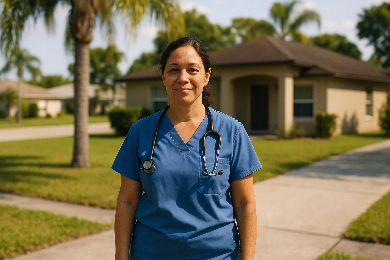 A female nurse in scrubs standing outside a residential home in a sunny Florida neighborhood, smiling naturally, candid documentary style