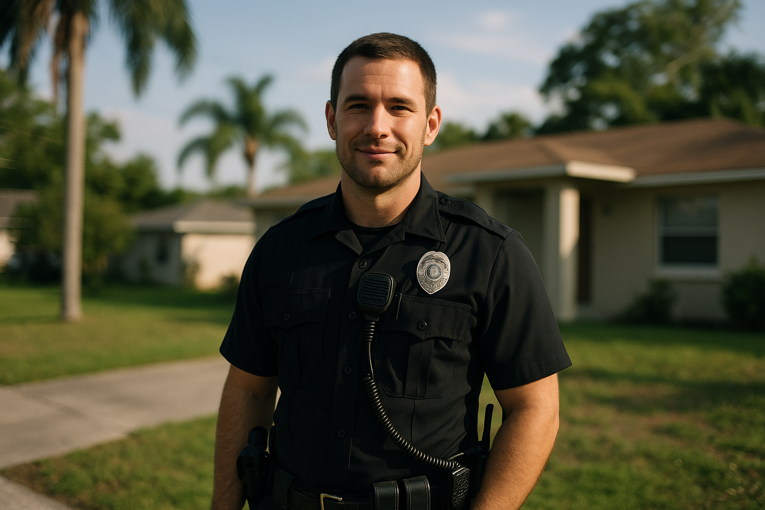 A uniformed police officer in his thirties standing outside a modest single-family home in a sunny Florida neighborhood, candid documentary style, natural afternoon light