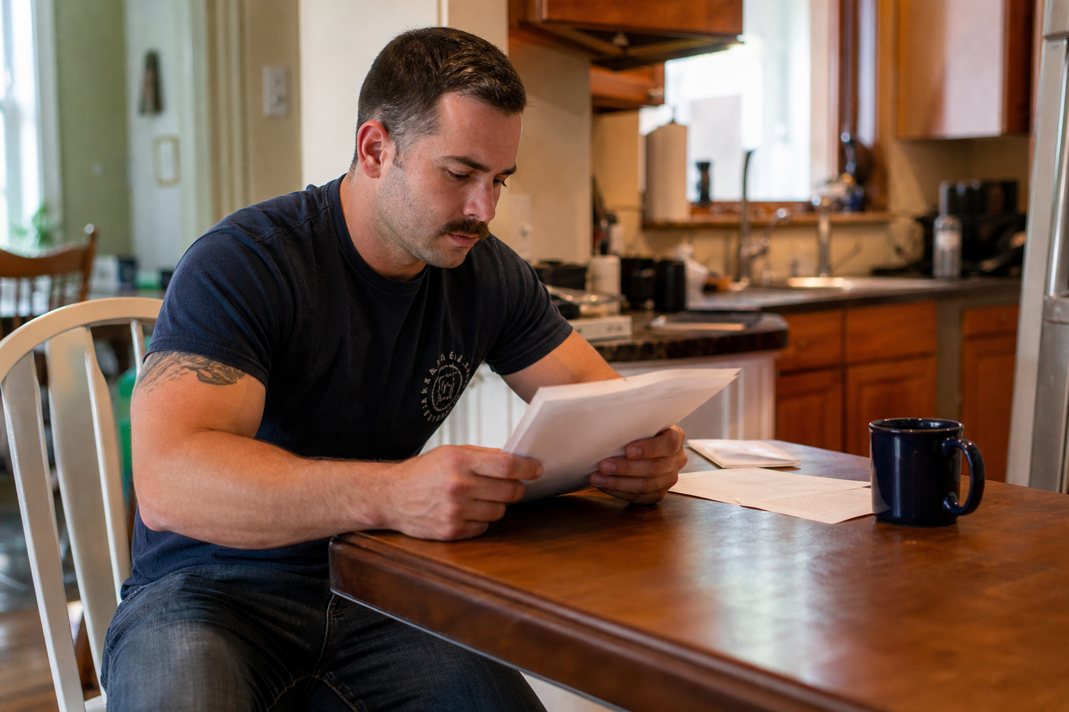 A firefighter in casual clothes reviewing paperwork at a kitchen table in a Florida home, natural window light, candid documentary style