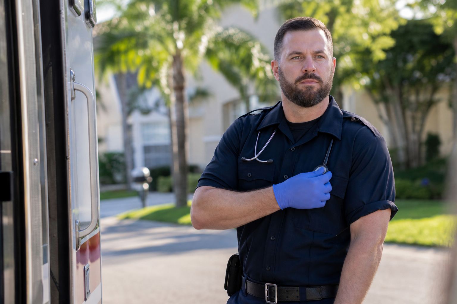 A paramedic in uniform standing near an ambulance in a residential neighborhood on a sunny Florida morning, candid documentary style